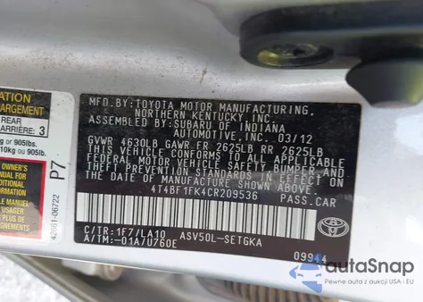 2012 Toyota Camry Xle из США, поврежденный, VIN 4T4BF1FK4CR209536